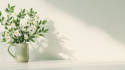 Fototapeta premium A serene green mug holds delicate flowers, casting gentle shadows on a minimalist background, evoking a tranquil atmosphere.