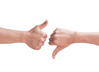 male hands like and dislike symbol, isolated on white background