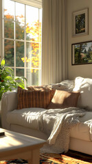 Naklejka premium Cozy Living Room Illustration, Autumn Sunlight, White Sofa, Throw Blanket
