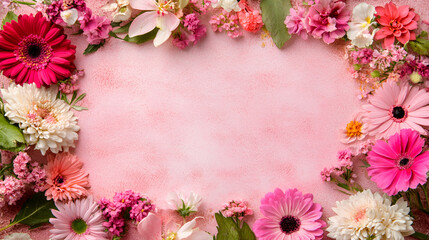 Obraz premium Flowers composition. Frame and flowers on pink background spring flowers on colored background frame Botanical Watercolor Magnolia Majesty Charming Watercolor Bluebell Blooms Spring holiday frame 