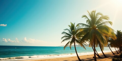 Vintage toned tropical beach scene with palm trees and sandy ocean shore, featuring a film distress flare effect, palm trees, ocean, flare