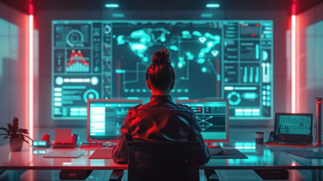 Professional seated before multiple screens filled with graphs and data, performing in-depth analysis and forecasting.