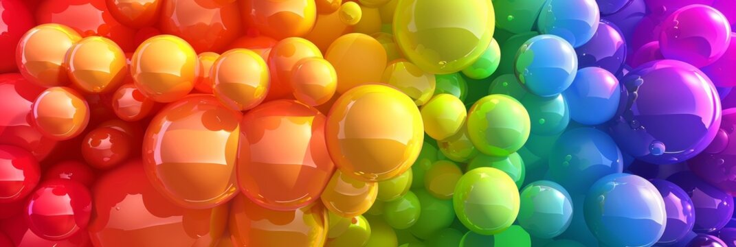 rainbow of colored balls waving from left to right, multiple size of balls, abstract vector background