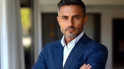 Fototapeta premium Portrait of a Confident Man in a Blue Suit - Realistic Image