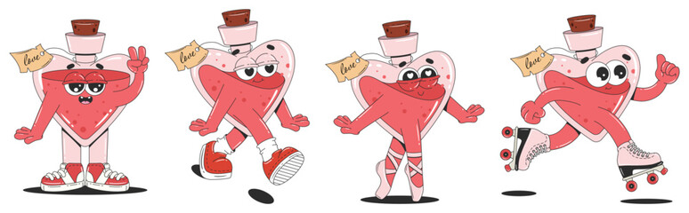 Pink love potion characters in retro groovy style. Set of cartoon love bottles. Stickers for Valentines Day. 