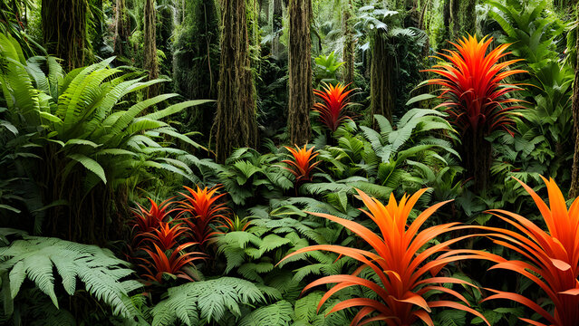 Orange and red bromeliads in a tropical jungle with large ferns and vines around, Ai Generated