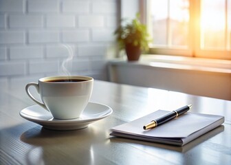 Obraz premium White Table Coffee Cup Pen Still Life Photography, Minimalist Coffee Scene, Studio Shot
