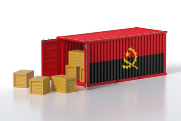 Cargo Container with Open Doors and Angola National Flag Design. Wooden Boxes Stack Isolated on White Background. 3d Rendering