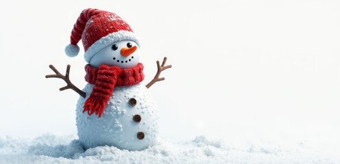 A snowman wearing a red hat and scarf in the snow