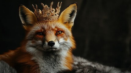 Fototapeta premium Portrait of a fox wearing a crown, velvet studio backdrop, luxurious, soft lighting, professional photography, copy space, cunning, wildlife, royalty, woodland