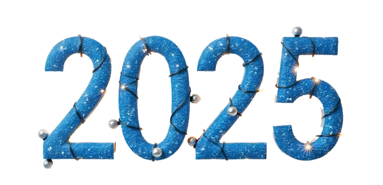 Blue Glittery 2025 Sign with Lights and Decorations