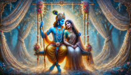 Krishna and Radha portrait symbolising their love in a beautiful illuminated brush strokes artistic painting style, depicting divine connection and spirituality