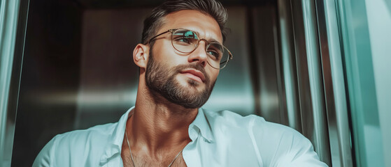 Stylish man in glasses reflecting in a modern elevator