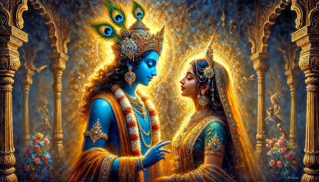 Krishna and Radha portrait symbolising their love in a beautiful illuminated brush strokes artistic painting style, depicting divine connection and spirituality
