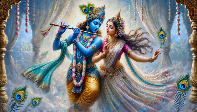  Krishna and Radha portrait symbolising their love in a beautiful artistic painting style, depicting divine connection and spirituality