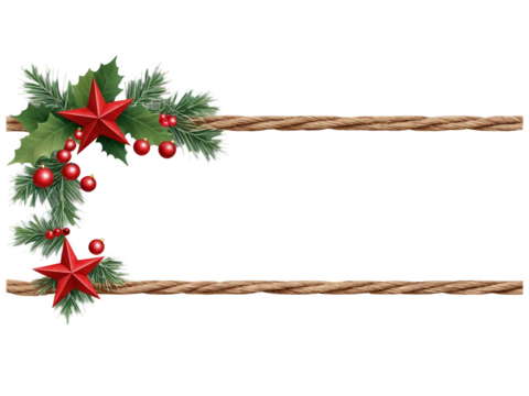 Christmas Border wooden stars and rustic twine, accented with red berries and green foliage, isolated on a transparent background.
