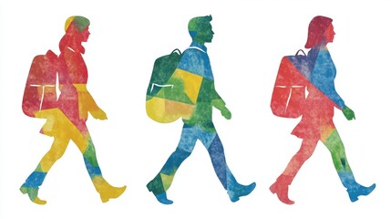 Colorful silhouettes of people walking with backpacks on a white background.