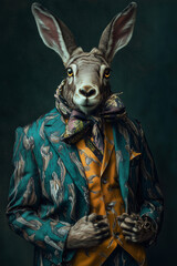 Creative portrait of an anthropomorphic animal (kangaroo) in a stylish outfit with vibrant colors. Wearing a green patterned blazer, yellow vest, and large silk scarf with a floral print