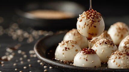 Obraz premium Close up of white quail eggs with sesame seeds drizzled with honey on a black plate.