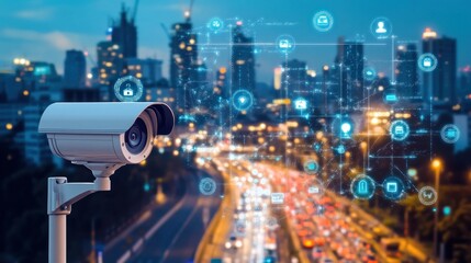 White security camera on the left side of an urban background with icons representing data and internet connection floating, with buildings or city view in the background