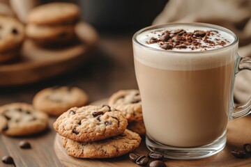 hot creamy milk in coffee is served with cookies. hot latte coffee drink in glass with cream milk on wooden table. breakfast beverage morning concept.