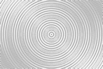 Radial halftone gradient background. Dotted concentric texture with fading effect. Black and white circle shade wallpaper. Grunge rough vector. Monochrome backdrop