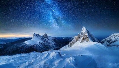 星空の下、雪と氷に包まれた山岳風景が広がる冬の夜
