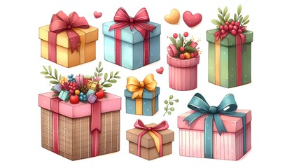 Fototapeta premium Set of gift box with ribbon, watercolor illustration