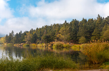 Fototapeta premium Bolu Golcuk Lake and famous house view with reflections.