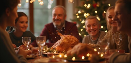 A group of people sitting around a table with a turkey