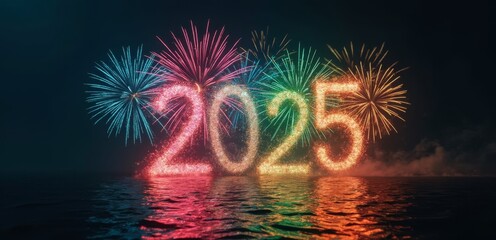 fireworks in the sky over a body of water with the number 2025 written on it
