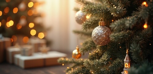 a close up of a christmas tree with ornaments on it