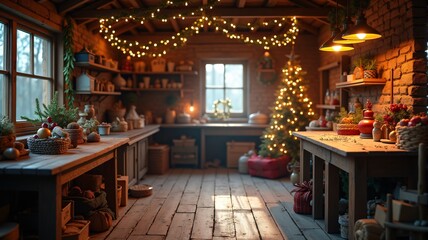 A Rustic Christmas Workshop Interior in a Rural Background Featuring Santa Claus