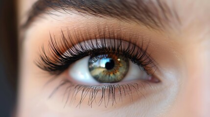 Obraz premium Closeup of a woman's green eye with long eyelashes.