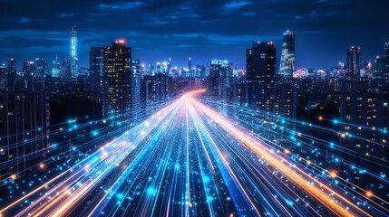 Obraz premium Smart City with Speed Line Glowing Light Trail Surround