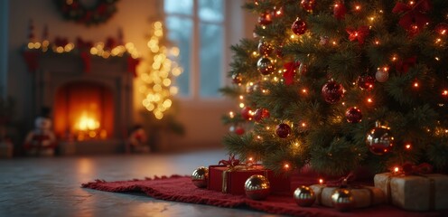 A decorated Christmas tree with presents under it in front of a fireplace
