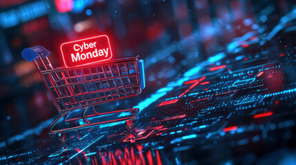 Shopping cart icon illuminated with vibrant colors representing Cyber Monday, a day for online deals and promotions during the holiday shopping season