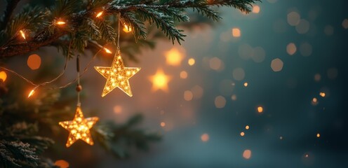 A christmas tree branch with two gold stars hanging from it
