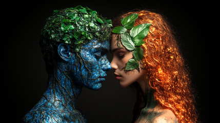 Symbolic portrait of Adam and Eve, formed by Mother Nature from elemental forces, representing humanity's pure connection to the Earth’s origins and the beginning of life on our planet