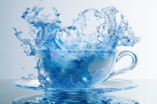 Abstract Coffee Cup with Steam in a Clean Background, Minimalist Design, Blue Water Splash, Glass Teacup, Coffee Art, Simple Design, Coffee Beans, White Background, Coffee Cup Illustration, Coffee