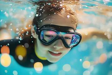Fototapeta premium Photo Child Underwater Swimming Pool Summer Fun Happy Girl Goggles