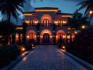 3D Render Night House, Cobblestone Path, Palms, Lanterns Illustration