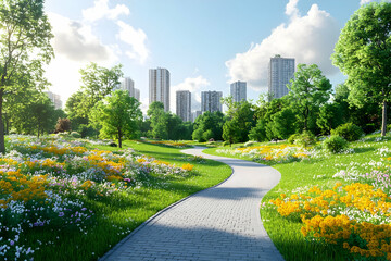 Obraz premium 3D Illustration - City Park Path, Flowers, Trees, and Buildings