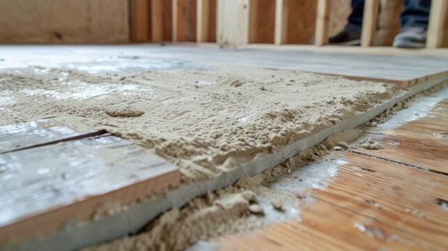 Laying down subflooring a carpenter ensures a level surface for the future flooring of the house.
