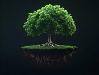 3D Illustration Green Tree Roots Floating Island