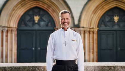 Fototapeta premium A Christian priest standing outside in front of the church and smiling