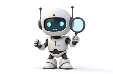 Cute little robot with a magnifying glass