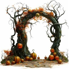 Spooky tree archway with glowing halloween pumpkins at its base is set against a white background