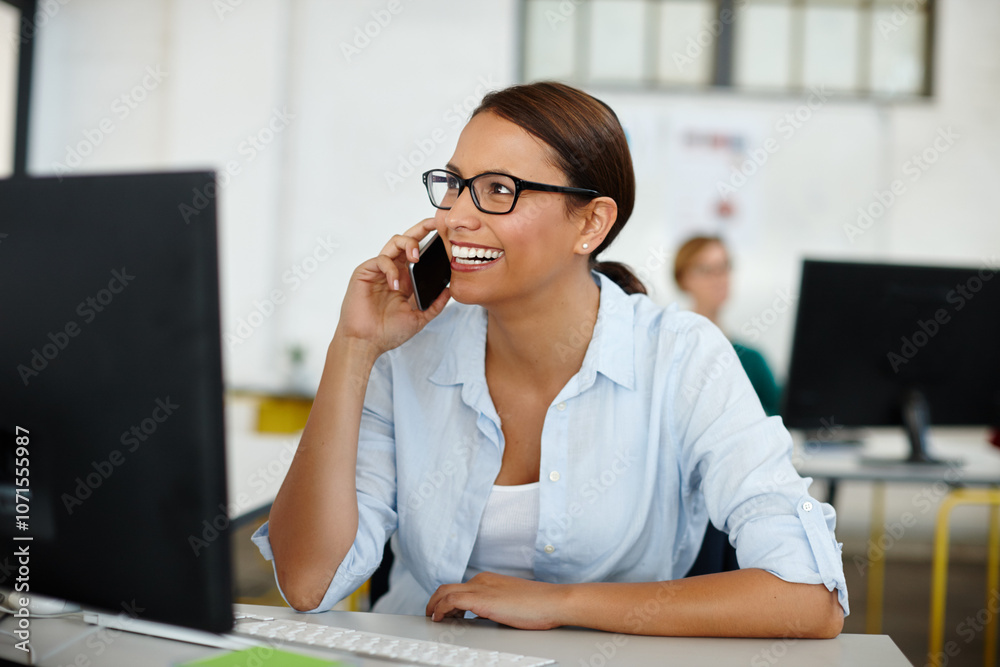 Poster business woman, smile and phone call for communication, project management and networking with conta