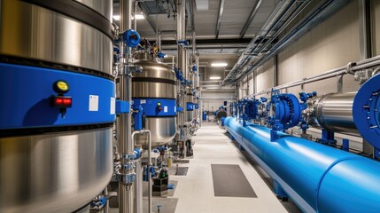 Industrial Interior with Steel Tanks and Pipelines